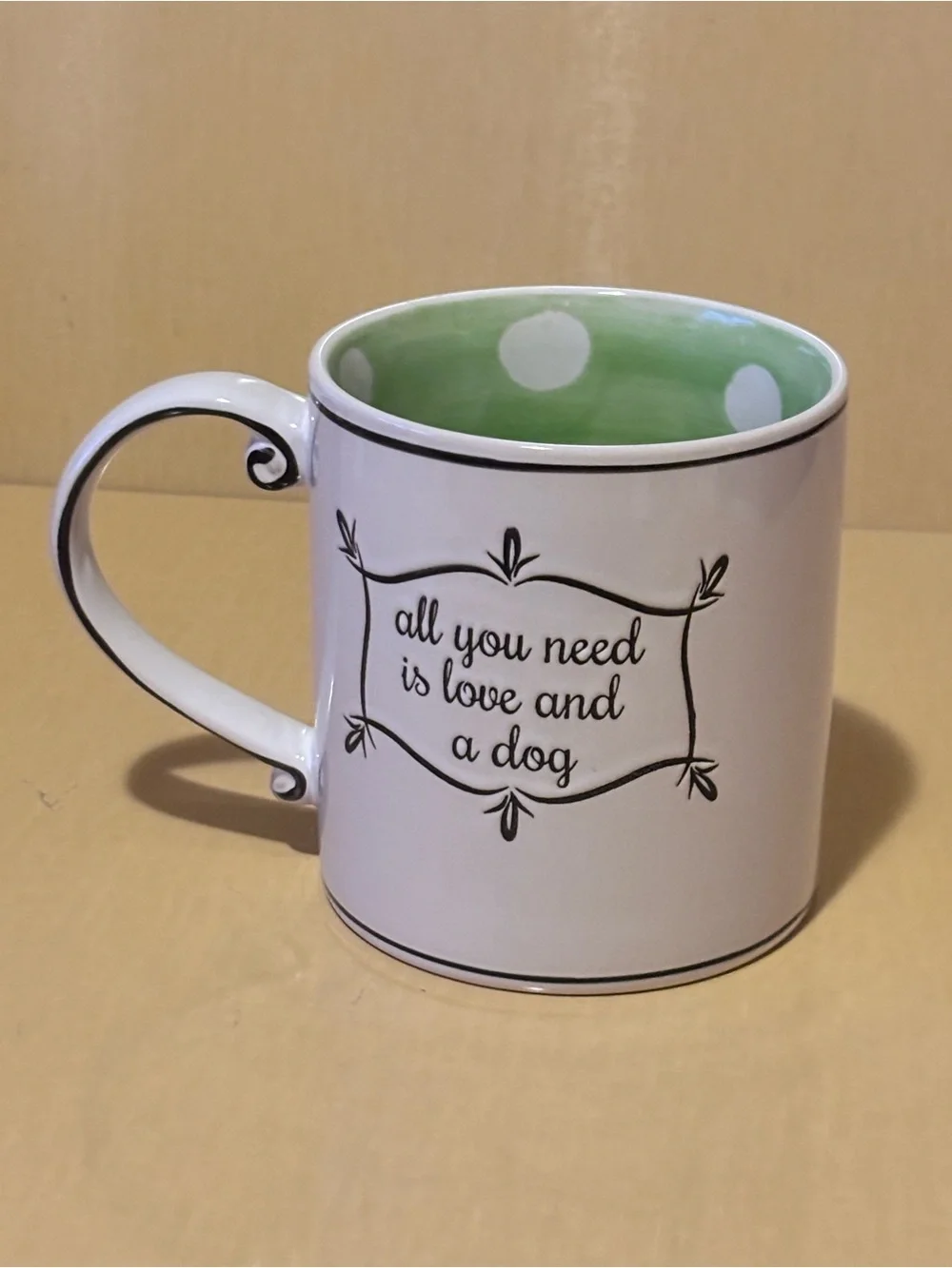 ALL YOU NEED IS LOVE AND A DOG” Large Ceramic Mug. Polka Dots